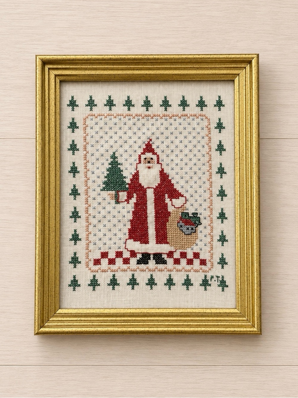Vintage Santa Cross Stitch Framed Art 9.5x11.5 Christmas Folk Art Decor